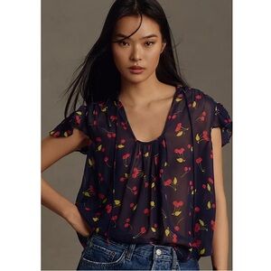 Anthro Maeve Cherry Print U-Neck Popover Blouse